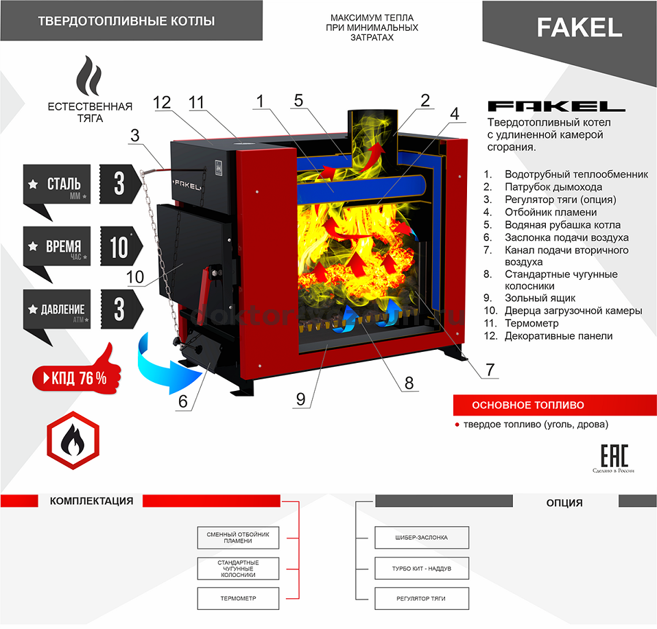 FAKEL (Факел) -- 21 (21 кВт) Термокрафт – Омск. Котёл дровяной –  универсальный серии FAKEL (Факел) производственной компании Термокрафт  мощностью 21 кВт для водяного отопления помещений от 160-210 кв.м. –  продажа, цена,